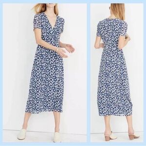 Madewell blue Floral v-neck faux wrap style Midi Dress, size 8